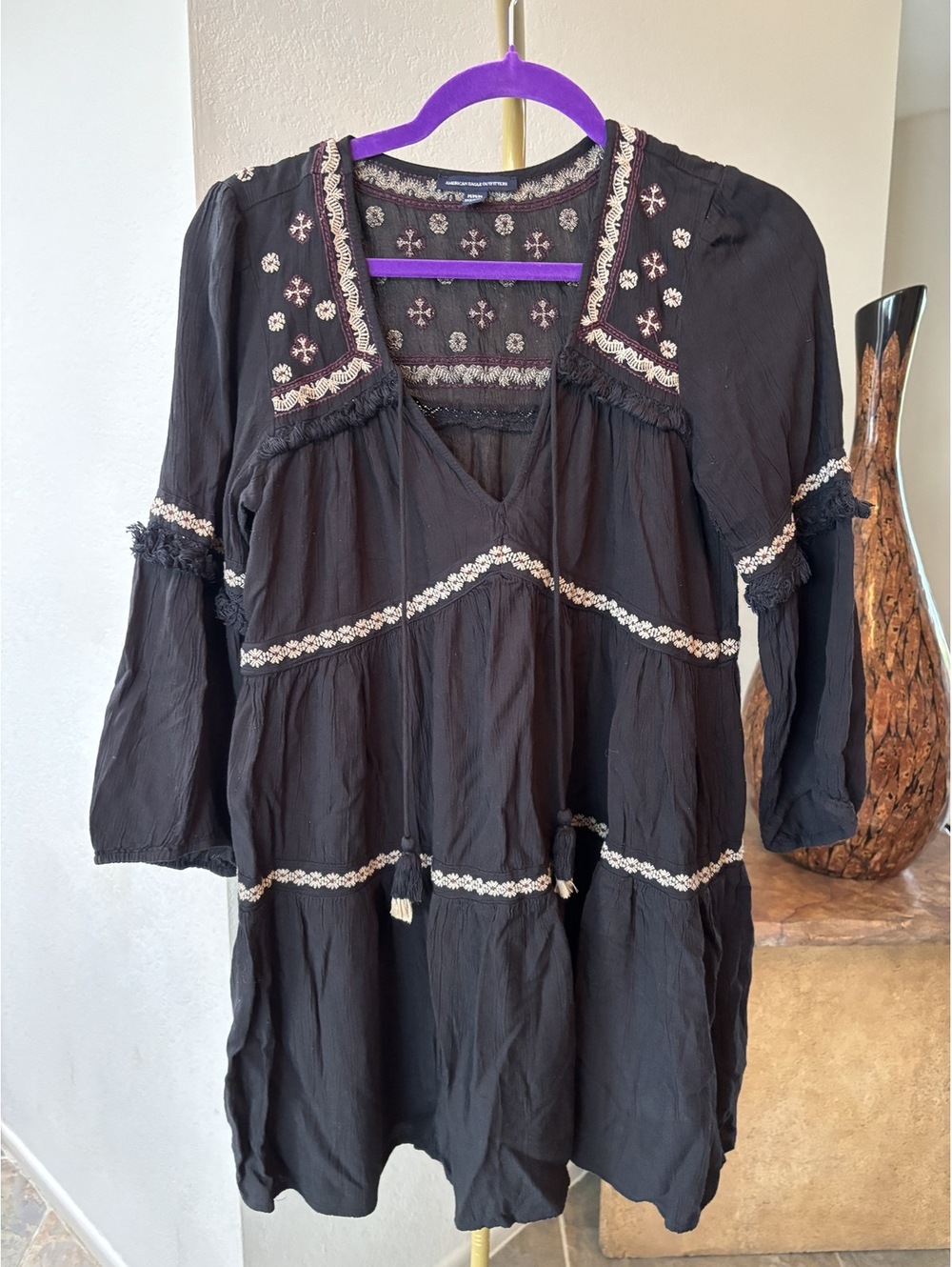 American Eagle Outfitters Boho tunic dress, tassel tie, peasant sleeves Size M